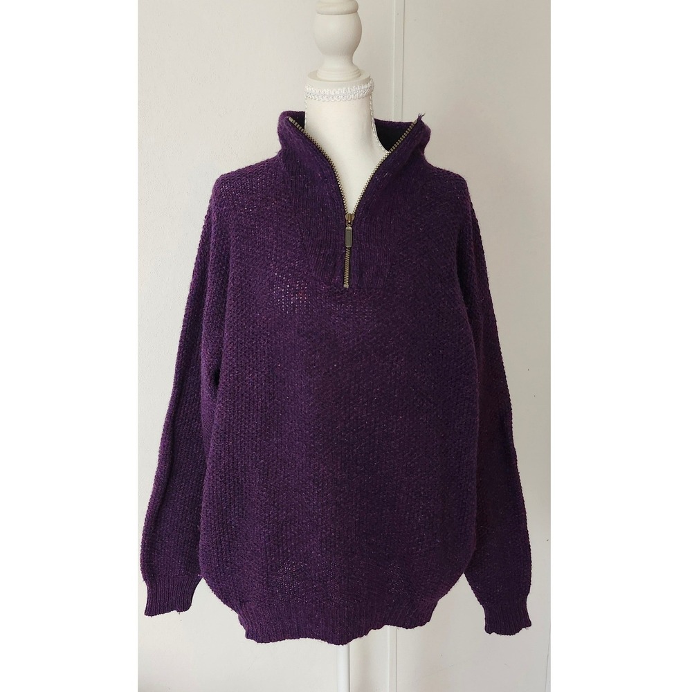 Vintage REI 90s Purple Wool Blend Quarter Zip Sweater Elbow Patches Large Ski